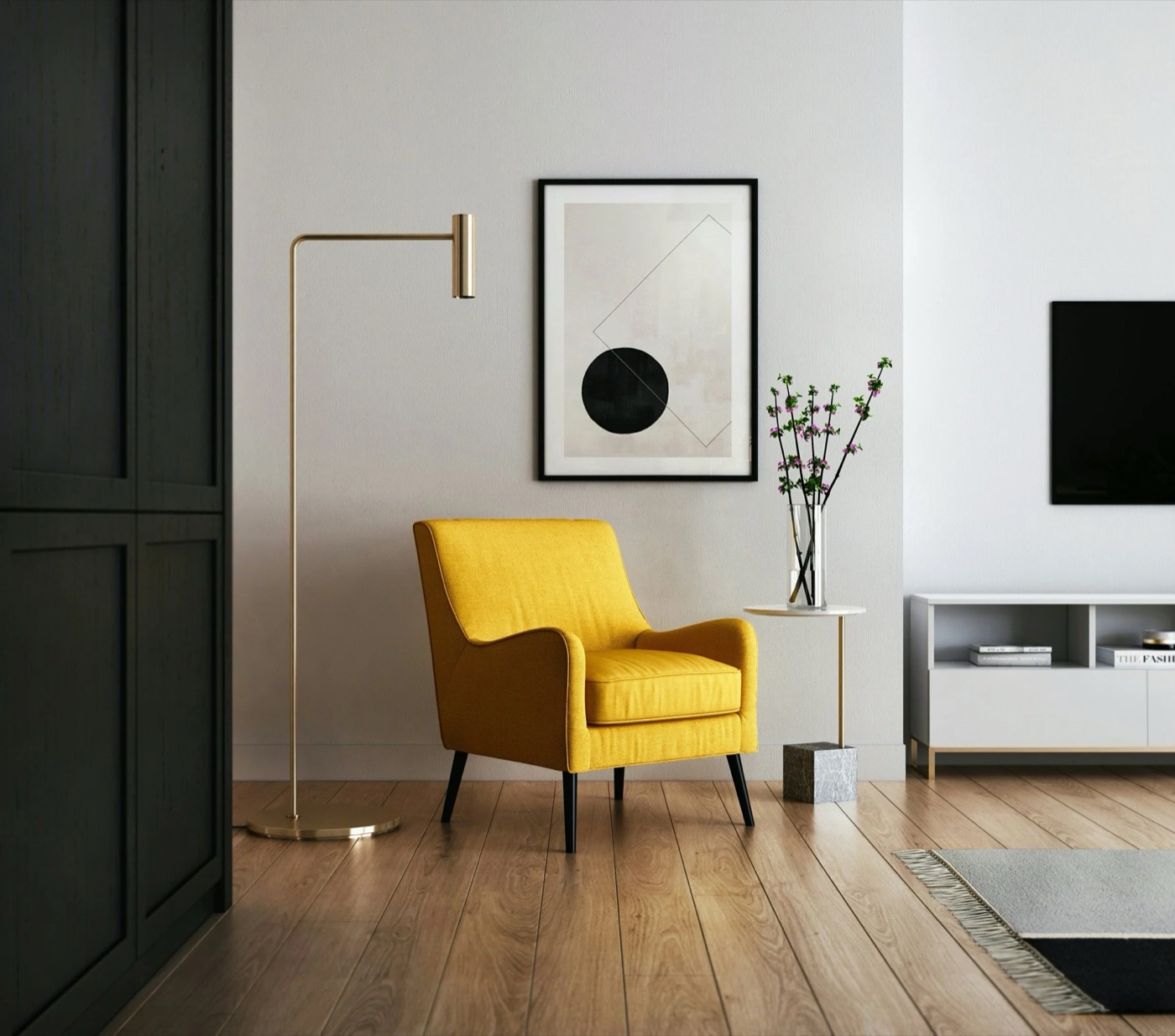 Wohnzimmer mit gelbem Sessel